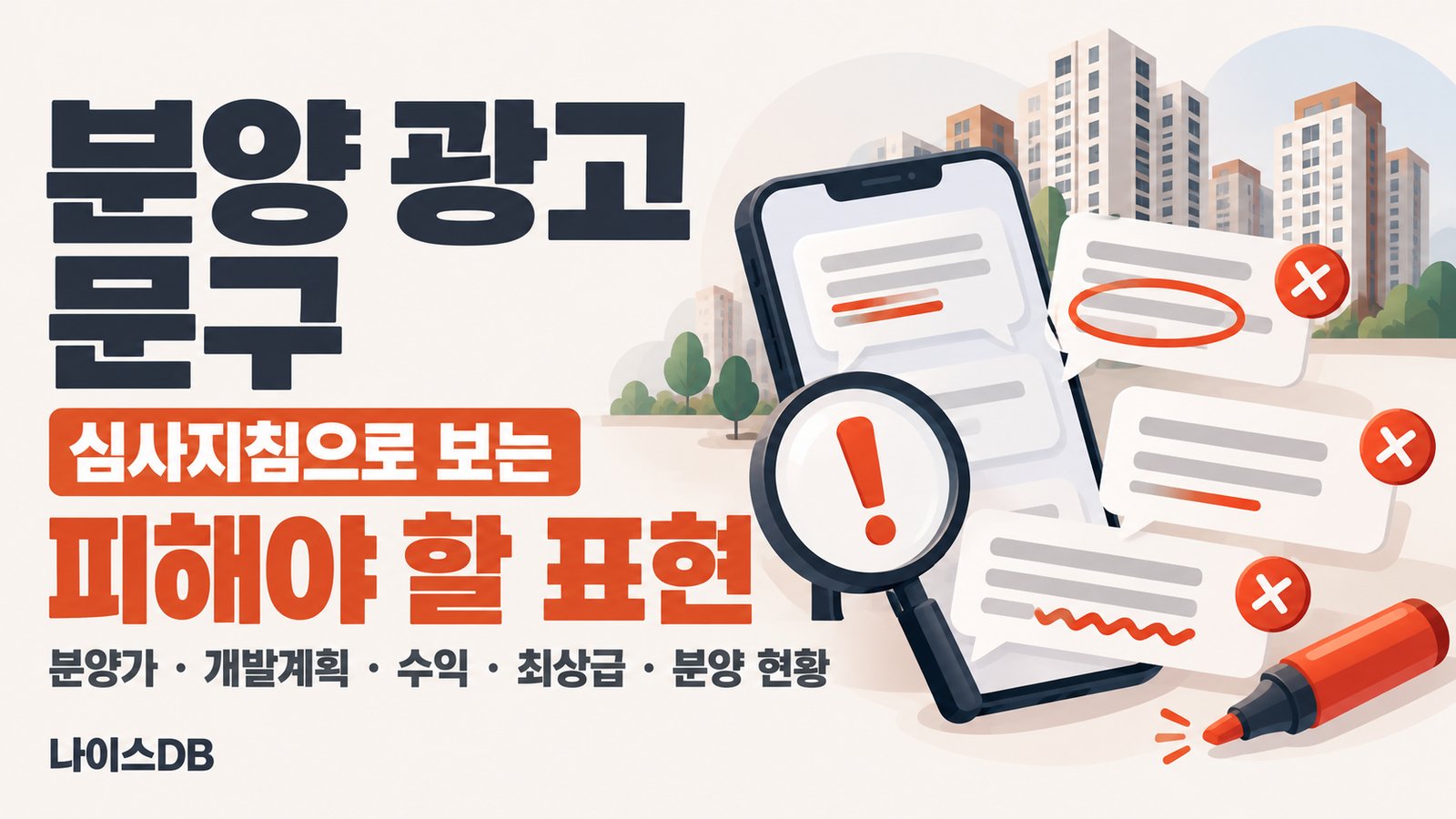 분양 광고 문구를 다룬 나이스DB 썸네일. 심사지침으로 보는 피해야 할 표현, 분양가·개발계획·수익·최상급·분양 현황