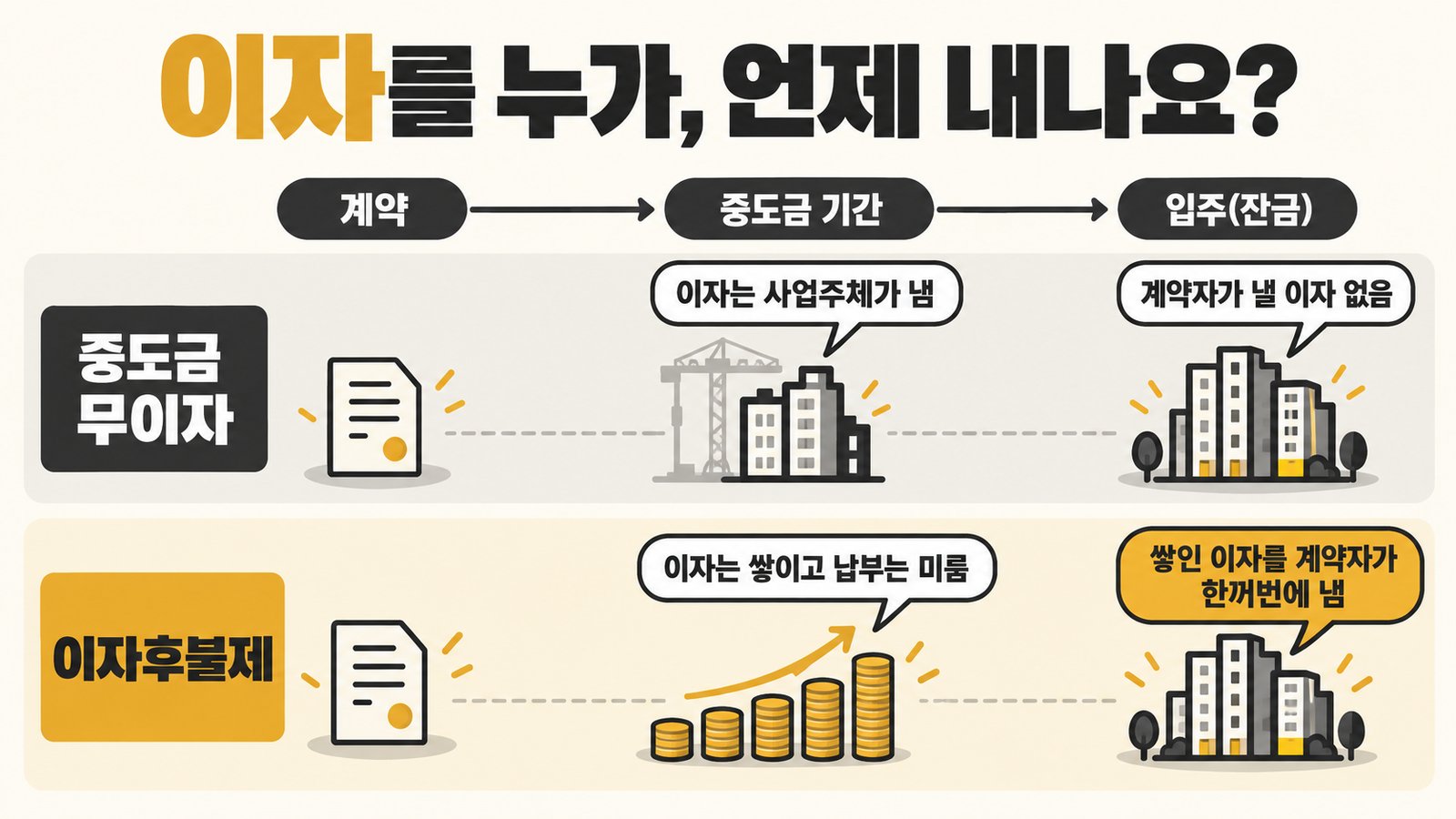 계약부터 입주까지 이자를 내는 시점 비교. 중도금 무이자는 중도금 기간 이자를 사업주체가 내서 입주 때 계약자가 낼 이자가 없고, 이자후불제는 중도금 기간에 쌓인 이자를 입주(잔금) 때 계약자가 한꺼번에 냄