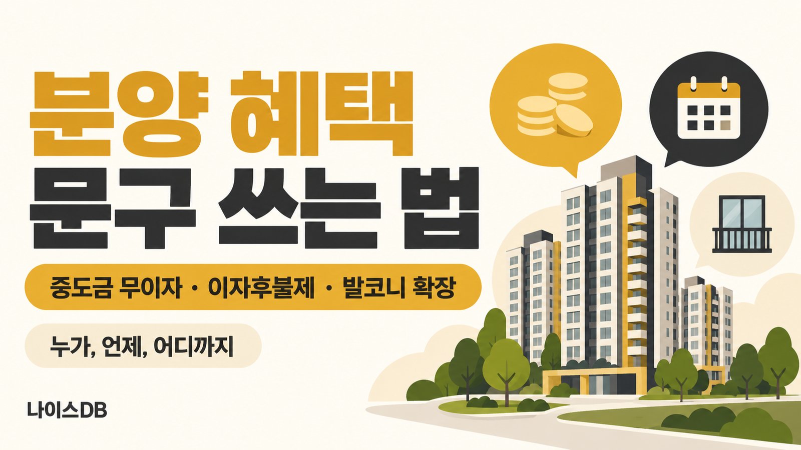 분양 혜택 문구 쓰는 법을 다룬 나이스DB 썸네일. 중도금 무이자·이자후불제·발코니 확장, 누가 언제 어디까지