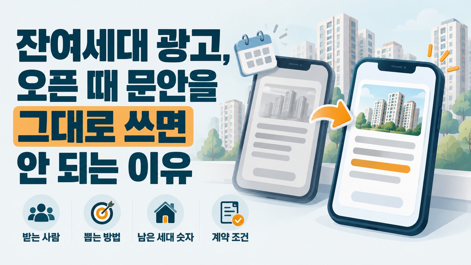 잔여세대 광고에서 오픈 때 문안을 그대로 쓰면 안 되는 이유를 다룬 나이스DB 썸네일. 받는 사람, 뽑는 방법, 남은 세대 숫자, 계약 조건이 달라짐