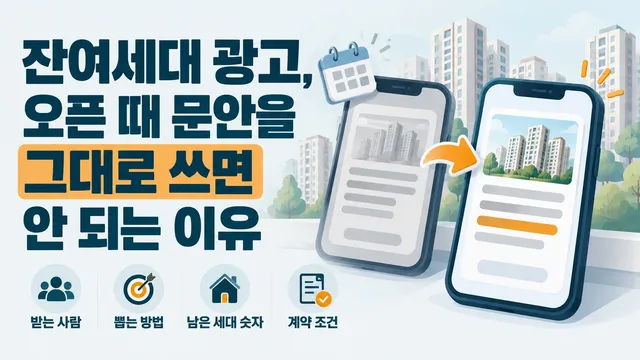 잔여세대 광고에서 오픈 때 문안을 그대로 쓰면 안 되는 이유를 다룬 나이스DB 썸네일. 받는 사람, 뽑는 방법, 남은 세대 숫자, 계약 조건이 달라짐