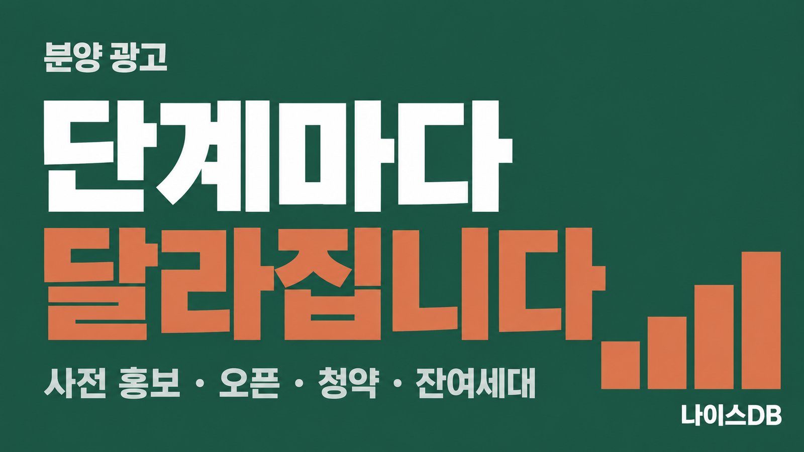 분양 단계마다 광고가 달라진다는 내용의 나이스DB 썸네일. 사전 홍보, 오픈, 청약, 잔여세대