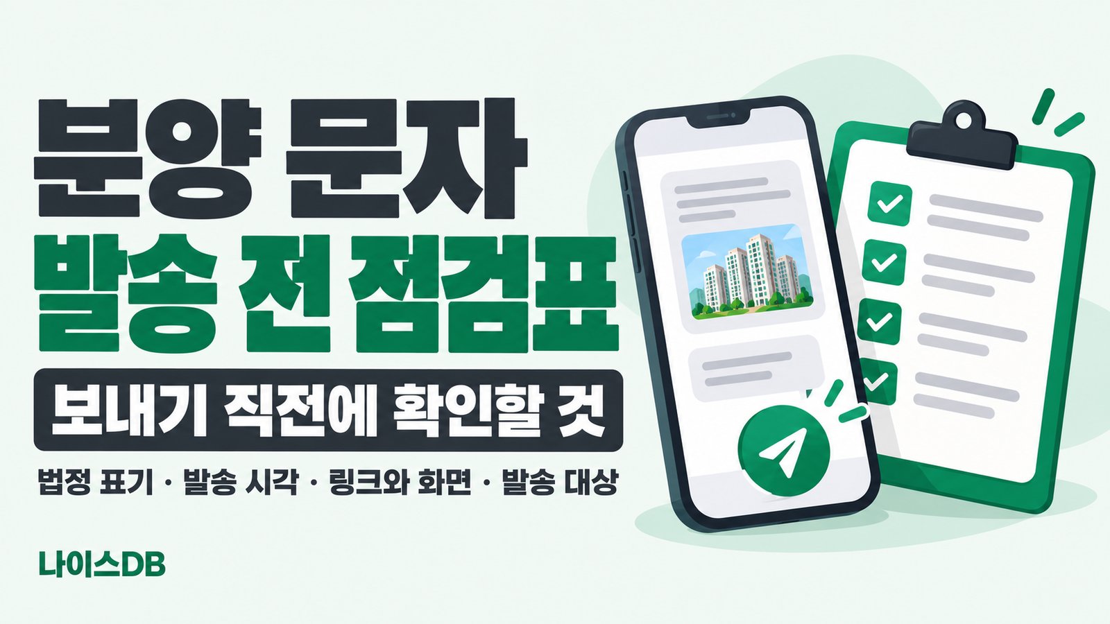 분양 문자 발송 전 점검표를 다룬 나이스DB 썸네일. 보내기 직전에 확인할 것, 법정 표기·발송 시각·링크와 화면·발송 대상