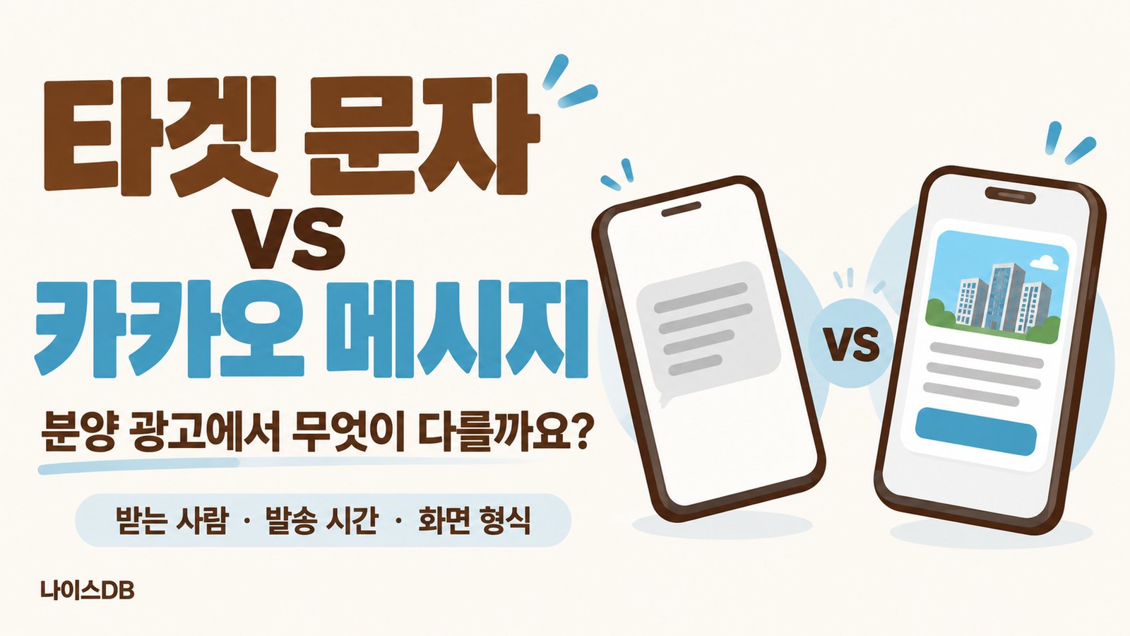 타겟 문자와 카카오 메시지를 비교한 나이스DB 썸네일. 분양 광고에서 무엇이 다를까요, 받는 사람·발송 시간·화면 형식
