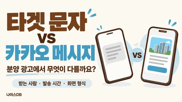 타겟 문자와 카카오 메시지를 비교한 나이스DB 썸네일. 분양 광고에서 무엇이 다를까요, 받는 사람·발송 시간·화면 형식